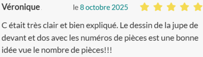 C était très clair et bien expliqué. Le dessin de la jupe de devant et dos avec les numéros de pièces est une bonne idée vue le nombre de pièces!!!