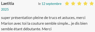 super présentation pleine de trucs et astuces, merci Marion avec toi la couture semble simple... je dis bien semble étant débutante. Merci